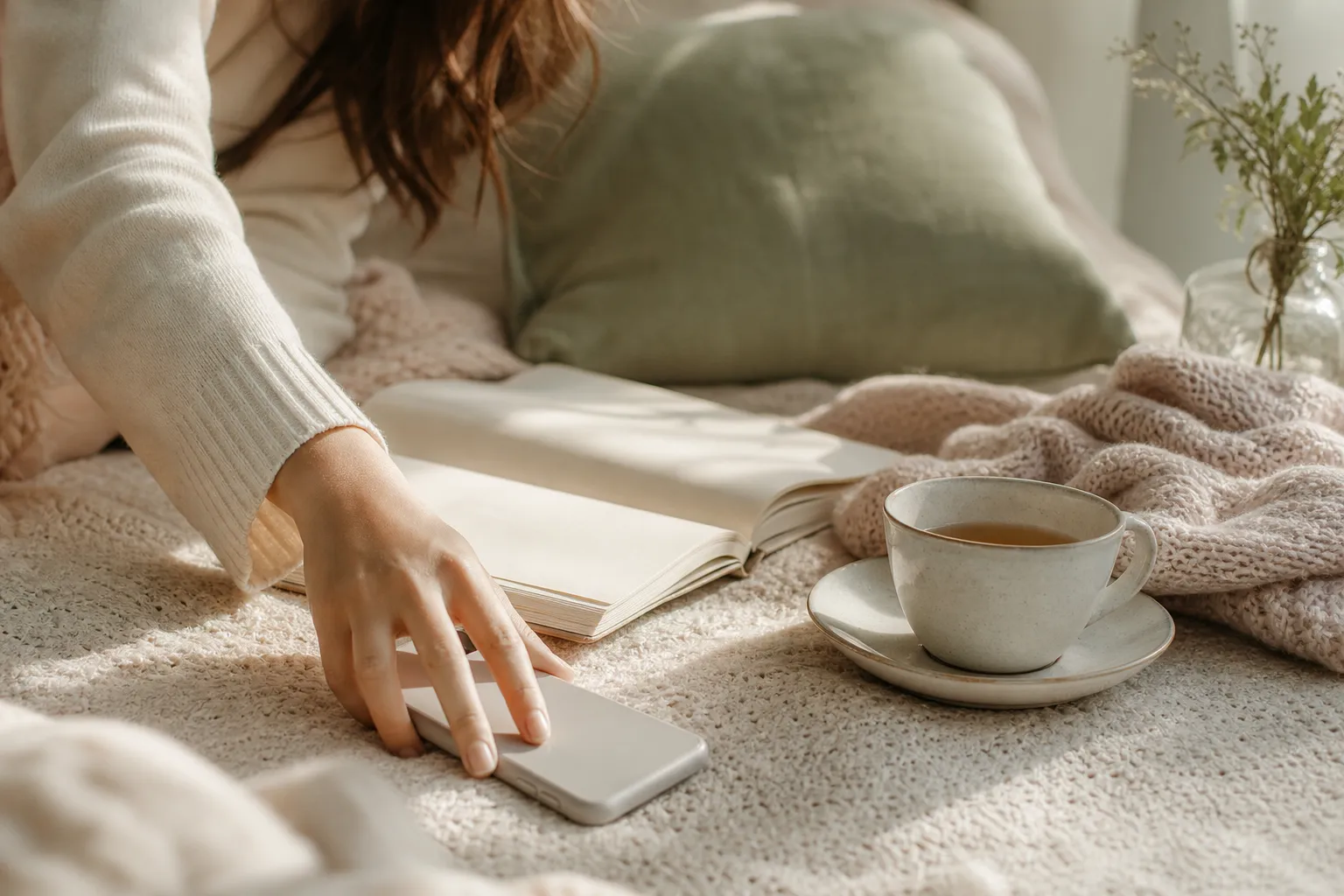 A young woman setting her phone face-down beside an open journal and tea