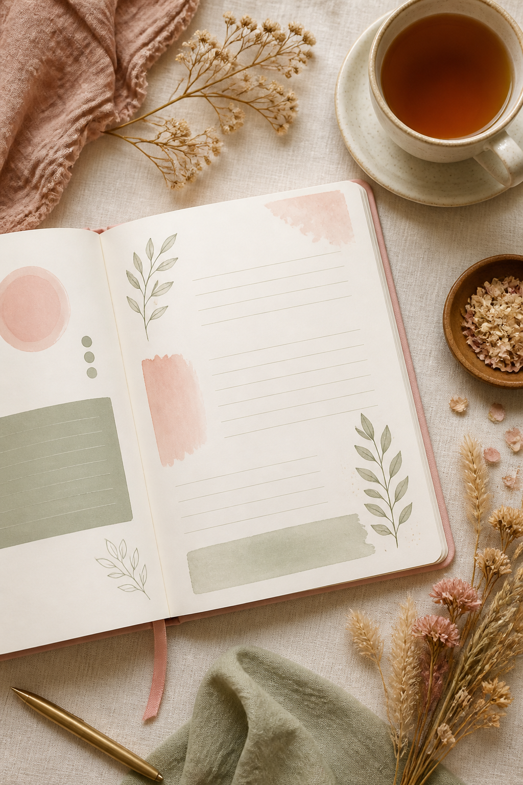 Guided journal pages beside tea and dried flowers
